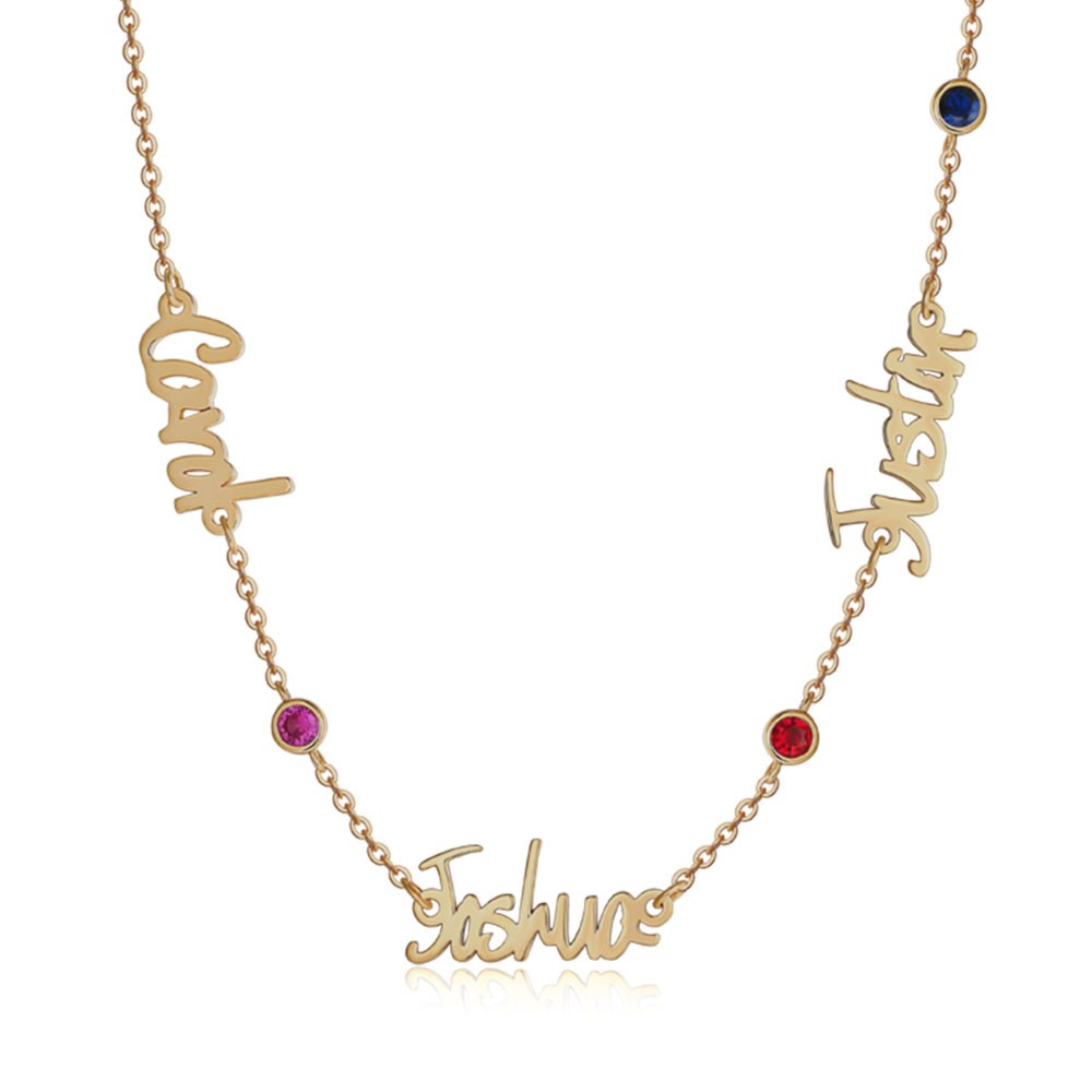 18K Gold Plating Personalized 1-6 Names Necklace With Birthstones 