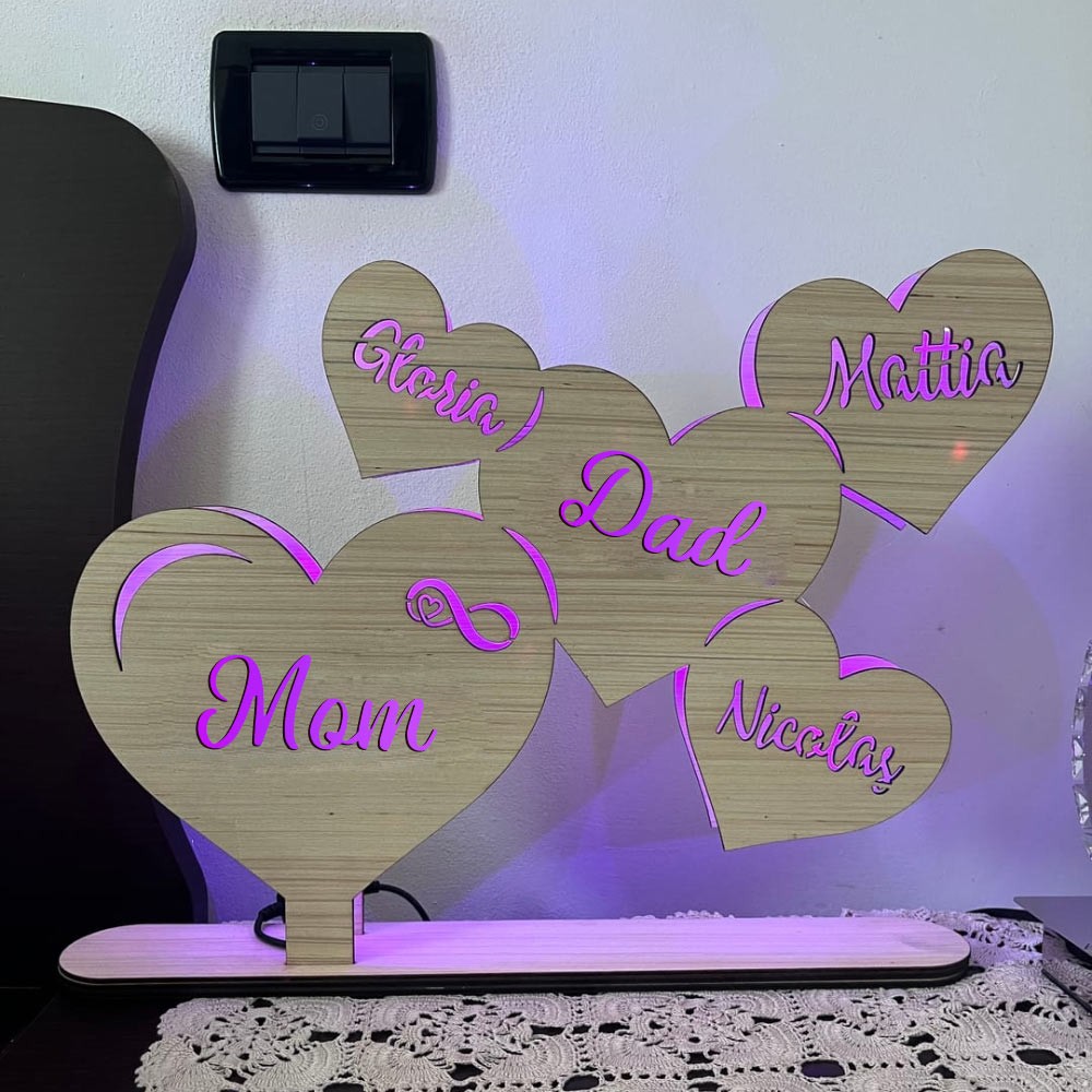 Personalized Wooden Heart Table Lamp with Mom's and Child's names.