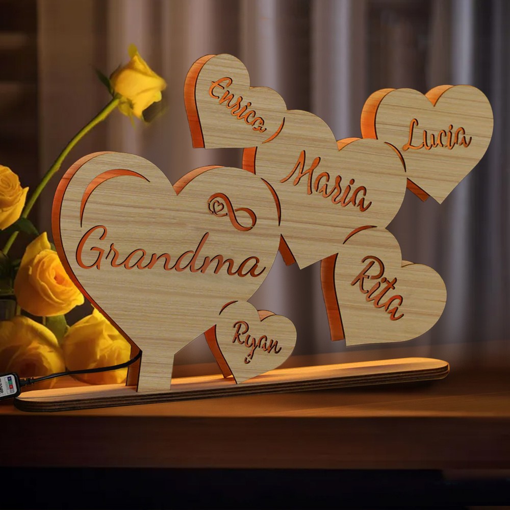 Personalized Wooden Heart Table Lamp with Mom's and Child's names.