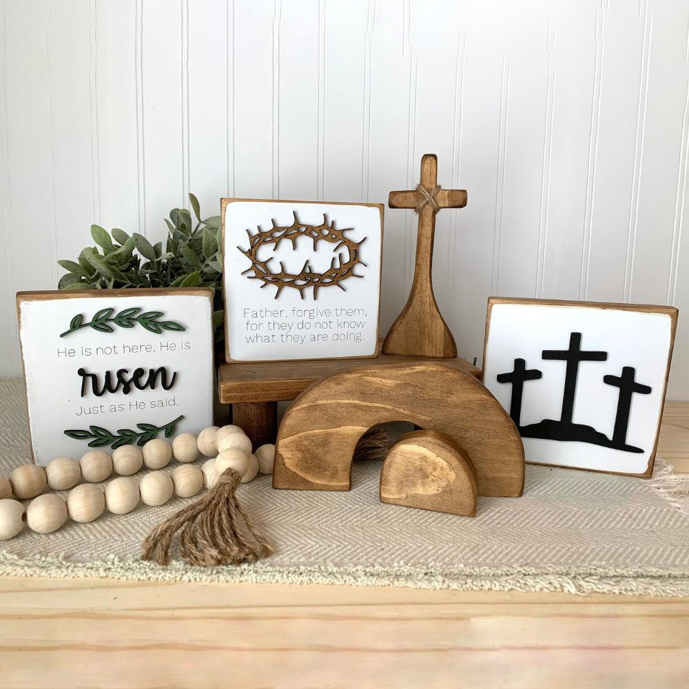 Easter Tiered Tray Decor / Christian Easter Decor Empty Tomb display worthy is the lamb Wood Cross decor by His wounds minimalist Easter