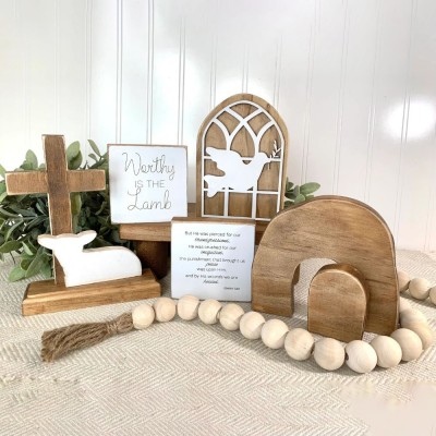 Easter Tiered Tray Decor / Christian Easter Decor Empty Tomb display worthy is the lamb Wood Cross decor by His wounds minimalist Easter