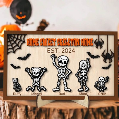 Personalized Halloween Skeleton Family Sign,Custom Name Wood Sign.