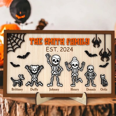 Personalized Halloween Skeleton Family Sign,Custom Name Wood Sign.