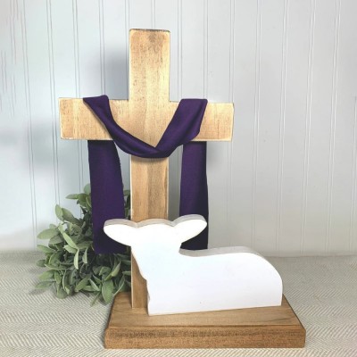 Cross and Lamb wood Easter display, Easter Crèche Easter resurrection display worthy is the lamb Christian Easter decor